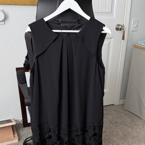 Tahari ASL Black Midi Dress with Embroidered Hem